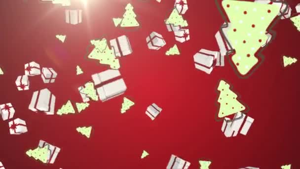 Animáció Ajándékok Karácsonyfák Esik Piros Háttér Karácsony Hagyomány Ünnepség Koncepció — Stock videók
