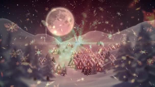 Evlerin Noel Baba Nın Kızakta Olduğu Kış Manzarasının Animasyonu Noel — Stok video