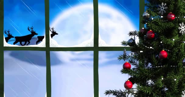 Juletre Vindusramme Mot Julenissen Som Trekkes Reinsdyr Julehøytids Feiringskonsept – stockvideo