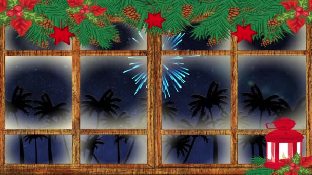 Lampada Natale Decorazioni Infissi Legno Contro Palme Fuochi Artificio Che — Video Stock