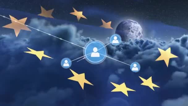 Animation Réseau Connexions Avec Des Icônes Sur Drapeau Union Européenne — Video