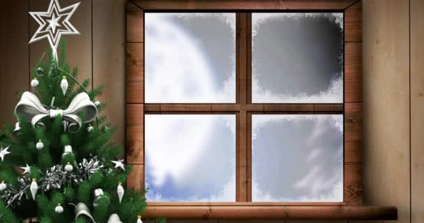 Animación Santa Claus Trineo Con Renos Vistos Través Ventana Árbol — Vídeos de Stock