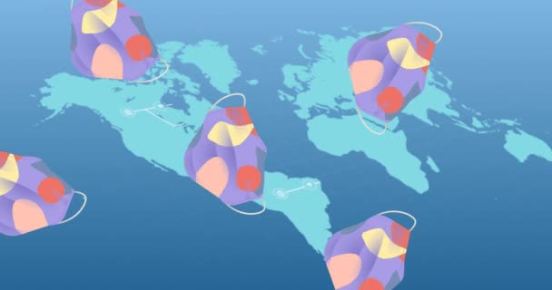 Animación Mascarillas Volando Sobre Mapa Del Mundo Mundial Covid Pandemia — Vídeo de stock