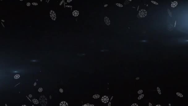 Mehrere Schneeflocken Schwebten Und Feuerwerkskörper Explodierten Vor Schwarzem Hintergrund Weihnachts — Stockvideo