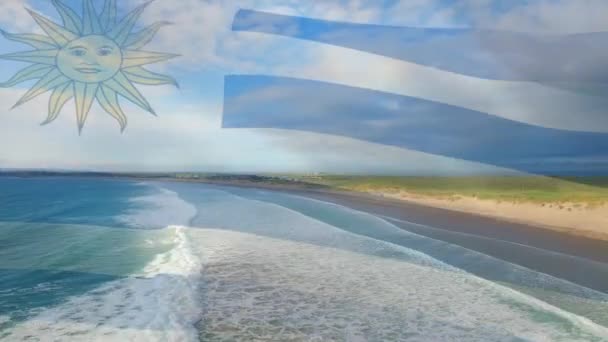 Animacja Flagi Urugwaju Wiejącego Nad Krajobrazem Morskim Podróże Wakacje Patriotyzm — Wideo stockowe