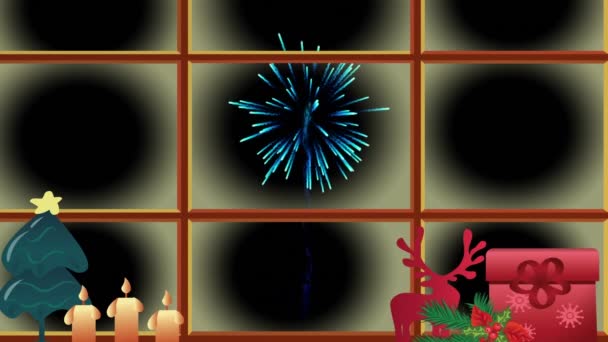 Weihnachtssymbole Und Fensterrahmen Vor Buntem Feuerwerk Das Auf Schwarzem Hintergrund — Stockvideo