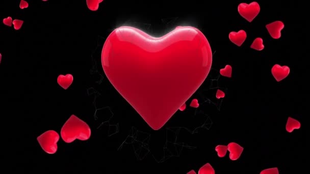 Animație Inimi Roșii Care Cad Peste Rețeaua Conexiuni Ziua Îndrăgostiților — Videoclip de stoc
