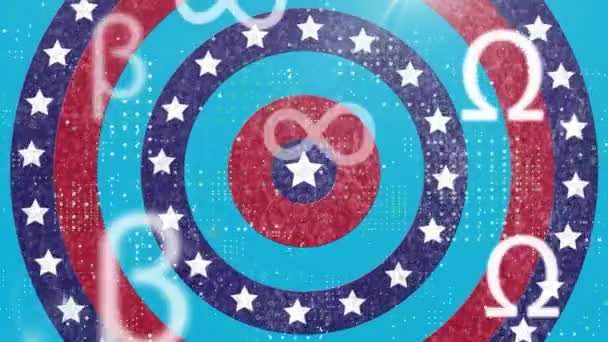多重数学符号和点图案与在蓝色背景上旋转的圆环上的恒星相对应 美国独立日庆祝概念 — 图库视频影像