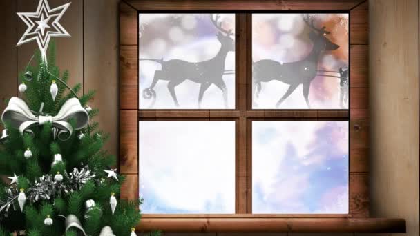 Animation Santa Claus Sleigh Reindeer Winter Scenery Seen Window Christmas — Stock Video