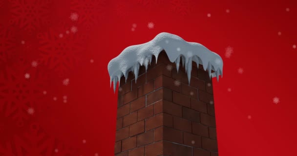 Sneeuwvlokken Vallen Besneeuwde Stenen Muur Schoorsteen Tegen Sneeuwvlokken Rode Achtergrond — Stockvideo
