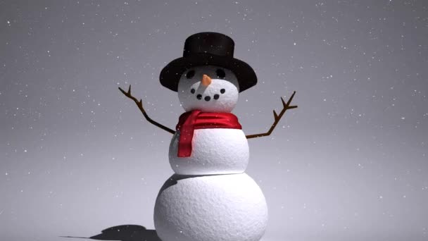 Animación Nieve Cayendo Sobre Muñeco Nieve Sonriente Paisaje Invierno Navidad — Vídeos de Stock
