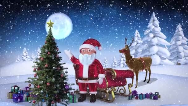 Neve Caindo Sobre Papai Noel Acenando Árvore Natal Presentes Natal — Vídeo de Stock