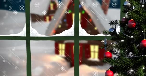 Анімація Снігу Падає Нічний Зимовий Пейзаж Будинками Які Видно Крізь — стокове відео