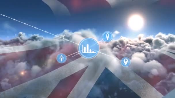 Animation Network Connections Icons Graphs United Kingdom Flag Clouds Global — Stock Video