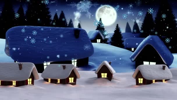 Κινούμενο Χιόνι Πέφτει Πάνω Από Σπίτια Χειμερινό Τοπίο Χριστούγεννα Χειμώνας — Αρχείο Βίντεο