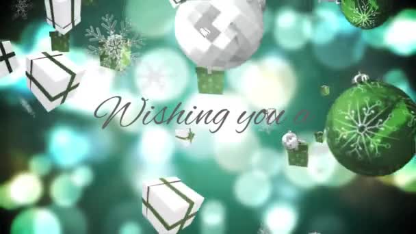 Animation Von Weihnachtsgrüßen Über Fallende Weihnachtsgeschenke Und Christbaumkugeln Weihnachten Winter — Stockvideo