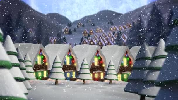 Animación Nieve Cayendo Sobre Casas Cubiertas Nieve Decoradas Con Luces — Vídeos de Stock