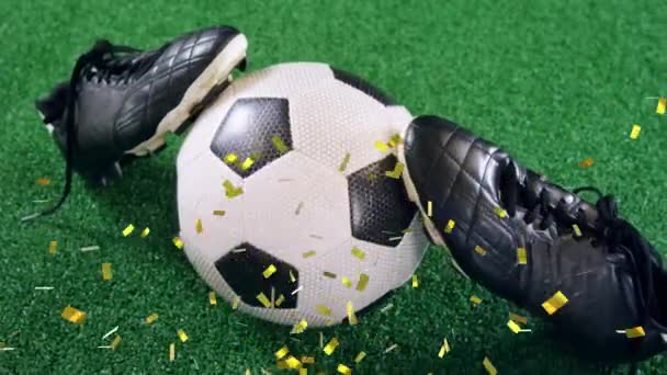 Animation Gold Confetti Falling Soccer Ball Sport Shoes Global Sports — Stock Video