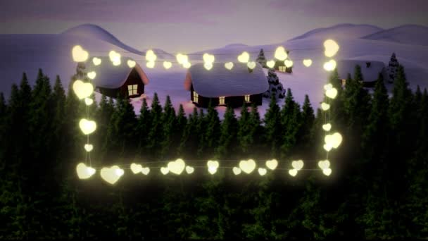 Yellow Heart Shaped Fairy Lights Winter Landscape House Trees Christmas — Stock Video