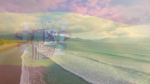 Animation Flag Spain Blowing Beach Seascape Travel Holidays Patriotism Celebration — Stock Video
