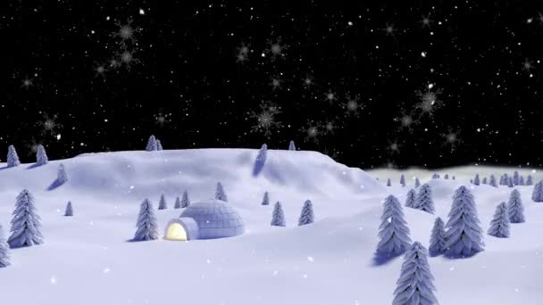 Animation Neige Tombant Sur Igloo Sapins Recouverts Neige Fond Paysage — Video