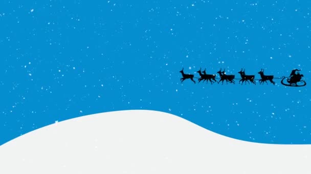 Animatie Van Kerstman Slee Met Rendieren Sneeuw Vallen Een Blauwe — Stockvideo