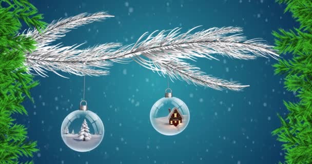 Animación Nieve Cayendo Sobre Decoración Navideña Con Chucherías Navidad Tradición — Vídeo de stock