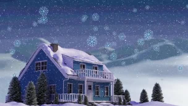 覆盖着积雪和冬季景观背景的房屋上降雪的动画 圣诞节 传统和庆祝概念数字制作的视频 — 图库视频影像