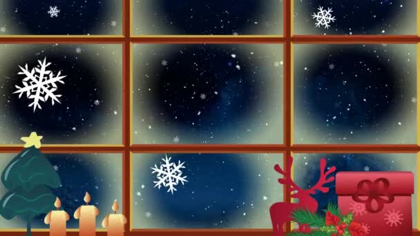 Animación Nieve Cayendo Sobre Ventana Con Decoraciones Navideñas Navidad Invierno — Vídeos de Stock