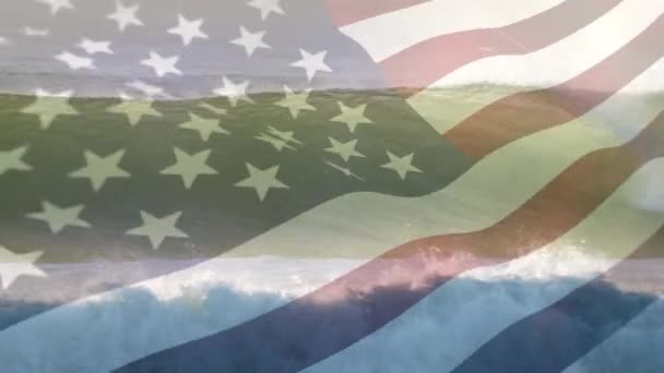 Animación Bandera Los Estados Unidos Que Soplan Sobre Paisaje Marino — Vídeos de Stock