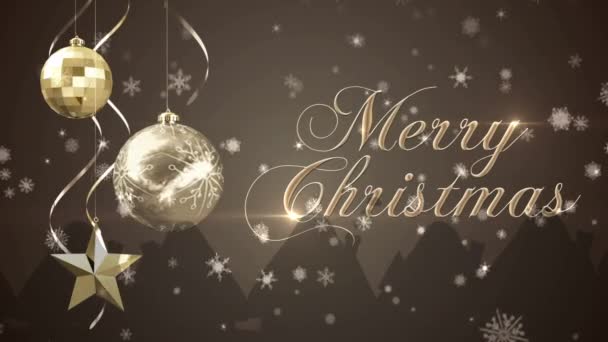 Animatie Van Kerstgroeten Tekst Kerstmis Bauble Decoraties Bruine Achtergrond Kerstmis — Stockvideo