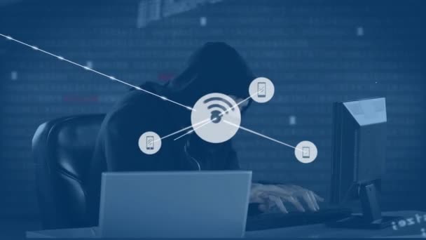 Animace Sítě Připojení Přes Hacker Pomocí Počítače Globální Online Bezpečnost — Stock video