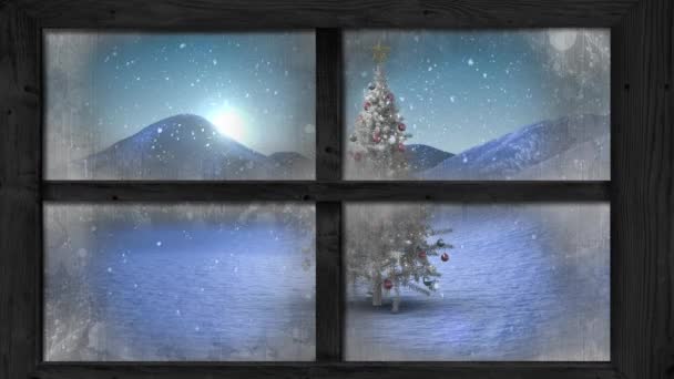Animacja Widok Okna Choinki Krajobrazu Zimowego Animacja Widoku Okna Dekoracji — Wideo stockowe