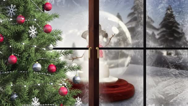 Animation Paysage Hivernal Boule Neige Vue Travers Fenêtre Noël Tradition — Video