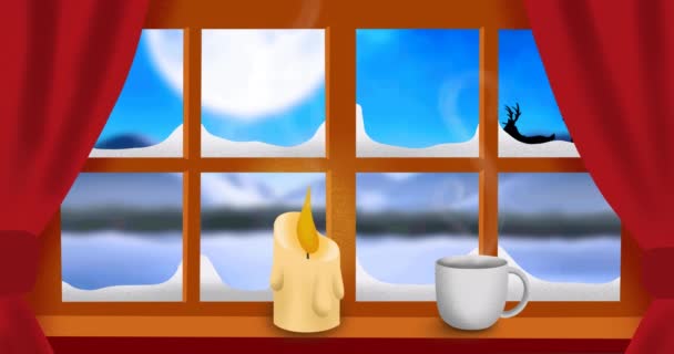 Noel Baba Nın Kızak Içindeki Animasyonu Pencere Mumdan Görünen Ren — Stok video