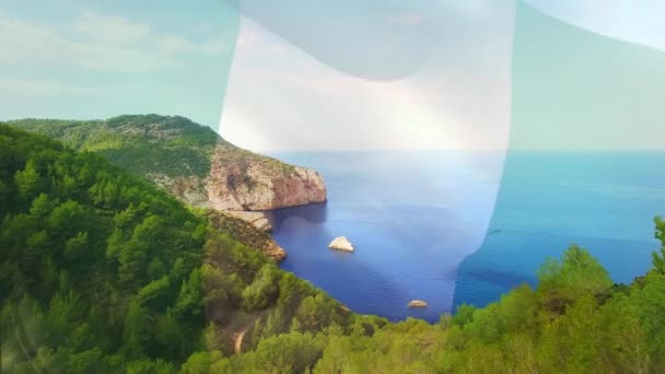 Animación Bandera Nigeria Que Sopla Sobre Paisaje Playa Viajes Vacaciones — Vídeo de stock