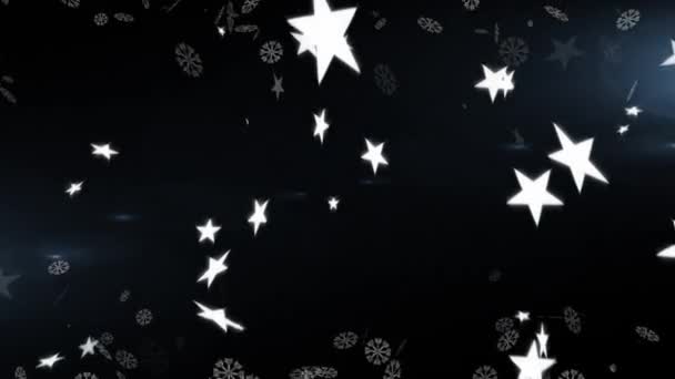Animação Estrelas Flocos Neve Caindo Sobre Fundo Preto Véspera Ano — Vídeo de Stock
