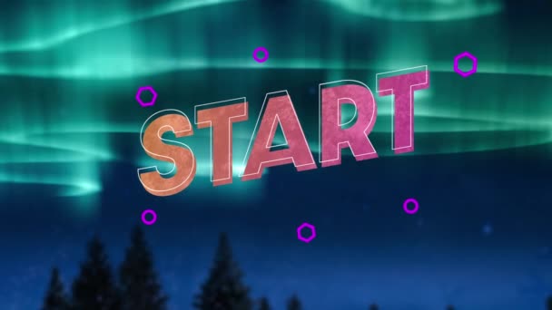 Animation Start Text Cloudy Night Sky Northern Lights Background Social — Stock Video