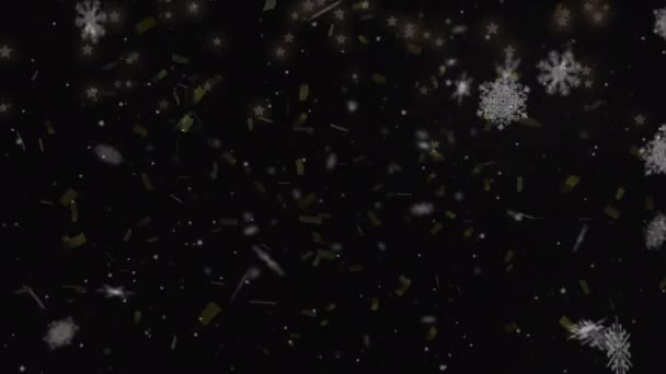 Animación Confeti Copos Nieve Sobre Fondo Negro Navidad Invierno Tradición — Vídeo de stock