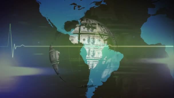 在黑暗背景下 在心率监测器和世界地图上方旋转的美元地球动画 全球经济 商业和金融数据概念数码视频 — 图库视频影像