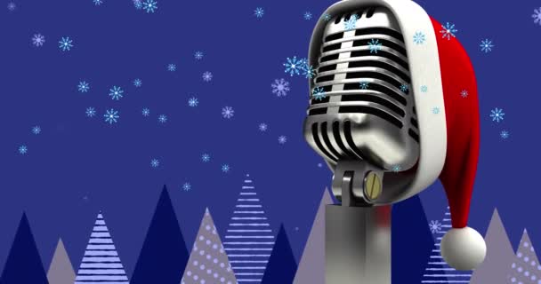 Animação Chapéu Papai Noel Microfone Vintage Neve Caindo Fundo Azul — Vídeo de Stock