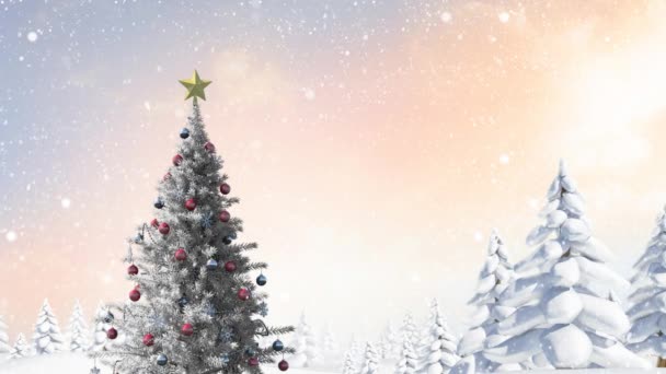 Schnee Der Über Den Weihnachtsbaum Fällt Und Mehrere Schneebedeckte Bäume — Stockvideo