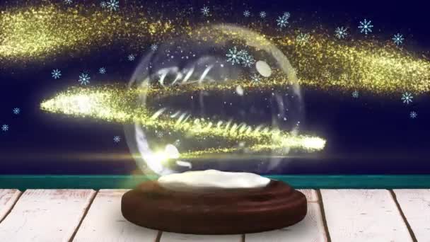 Animation Von Weihnachtsgrüßen Schneekugel Auf Holzbrettern Sternschnuppe Und Fallendem Schnee — Stockvideo
