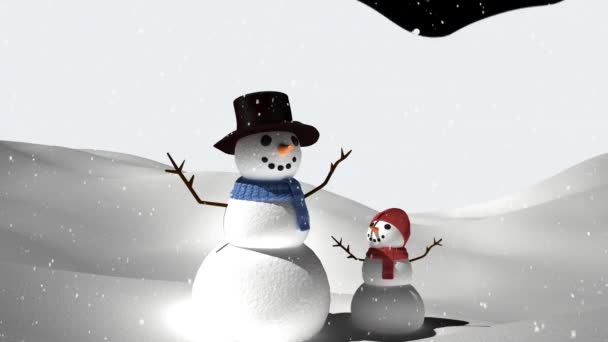 黒を背景に冬の風景の中に雪だるまと赤ちゃんの雪だるまに雪が降っています クリスマス フェスティバルとお祝いのコンセプト — ストック動画