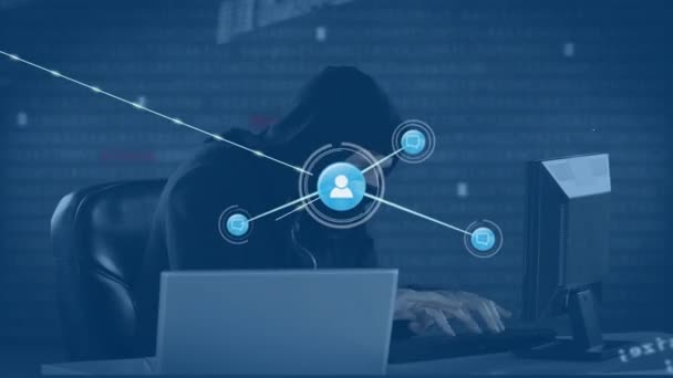 컴퓨터를 사용하는 해커를 네트워크 애니메이션 글로벌 온라인 디지털 인터페이스 디지털 — 비디오