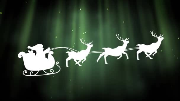 Animation Santa Claus Sleigh Reindeer Glowing Green Light Christmas Tradition — Stock Video