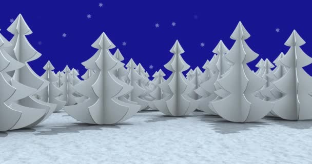 Meerdere Bomen Pictogrammen Het Winterlandschap Sneeuwvlokken Vallen Tegen Een Blauwe — Stockvideo