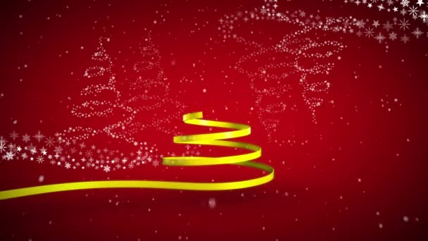 赤い背景にクリスマスツリーを形成するクリスマスイエローリボンのアニメーション クリスマス 伝統とお祝いのコンセプトデジタルで生成されたビデオ — ストック動画