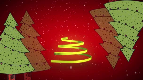 Animacja Boże Narodzenie Żółta Wstążka Tworząc Choinkę Czerwonym Tle Boże — Wideo stockowe