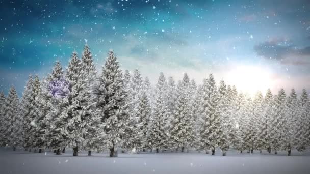 モミの木や冬の風景に降る雪のアニメーション クリスマス 伝統とお祝いのコンセプトデジタルで生成されたビデオ — ストック動画